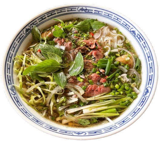 Blue and white bowl of pho with bean sprouts and green onion