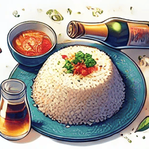 Steamed jasmine rice plate with grilled meat